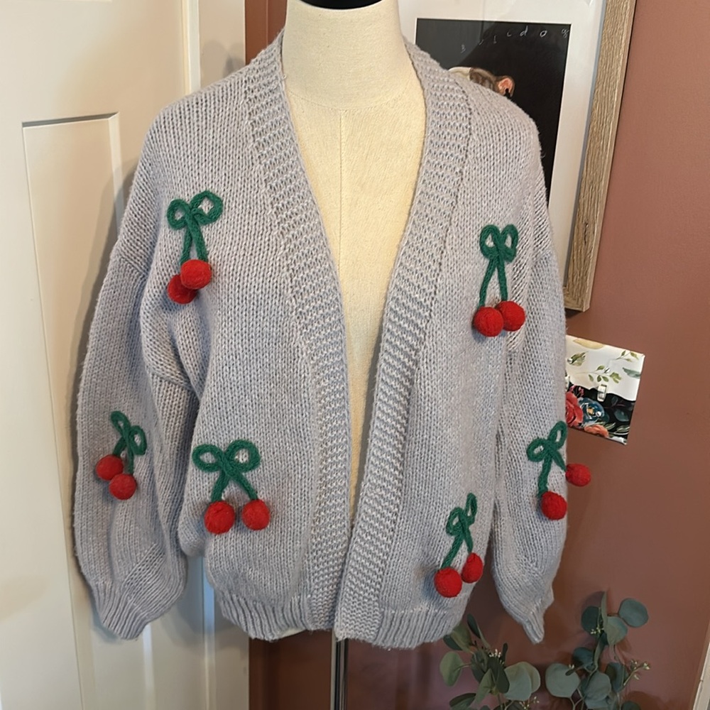 Anthropologie Luna Ivy 3D cherry oversized open front light blue S cardigan - Picture 10 of 10